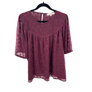 LOFT Burgundy Metallic Silver Diamond Filigree Pleated Yoke Blouse XL